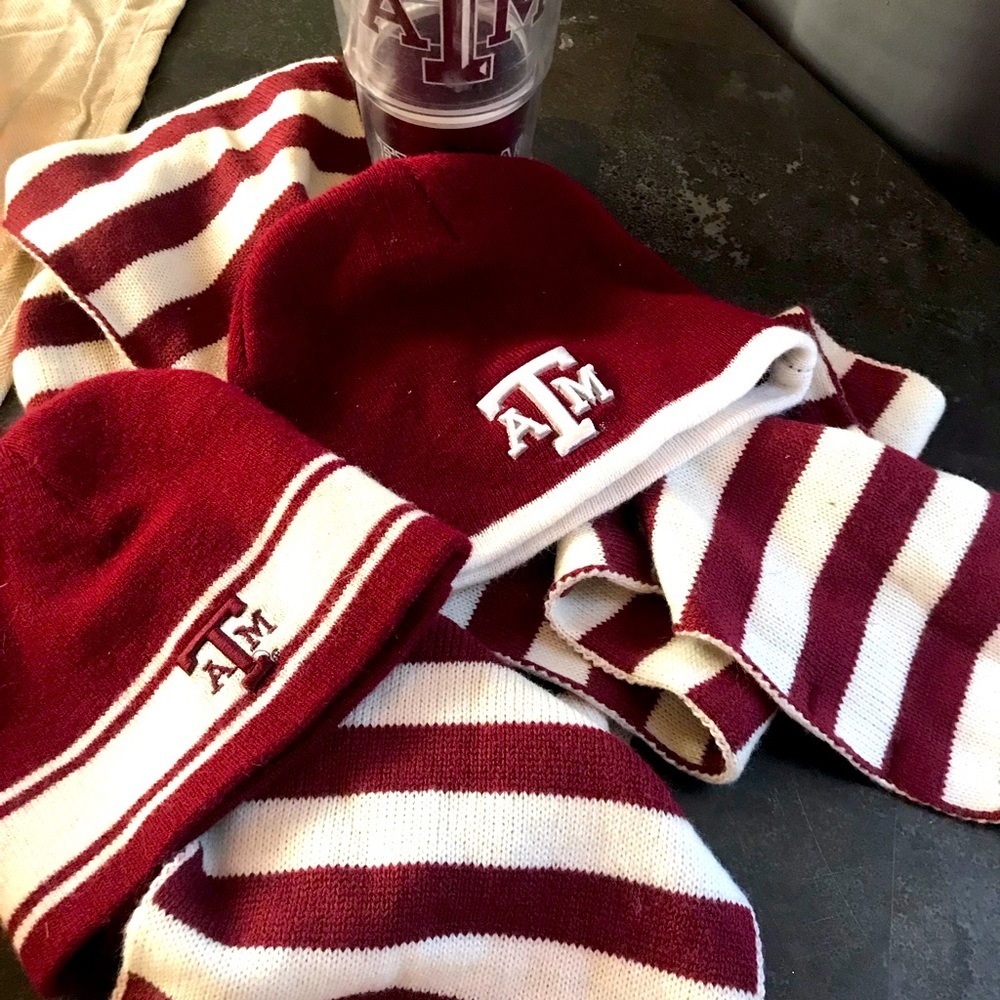 ATM gear. 2 hats 1 scarf no embellishments on scarf. One tin sign and 2 cups